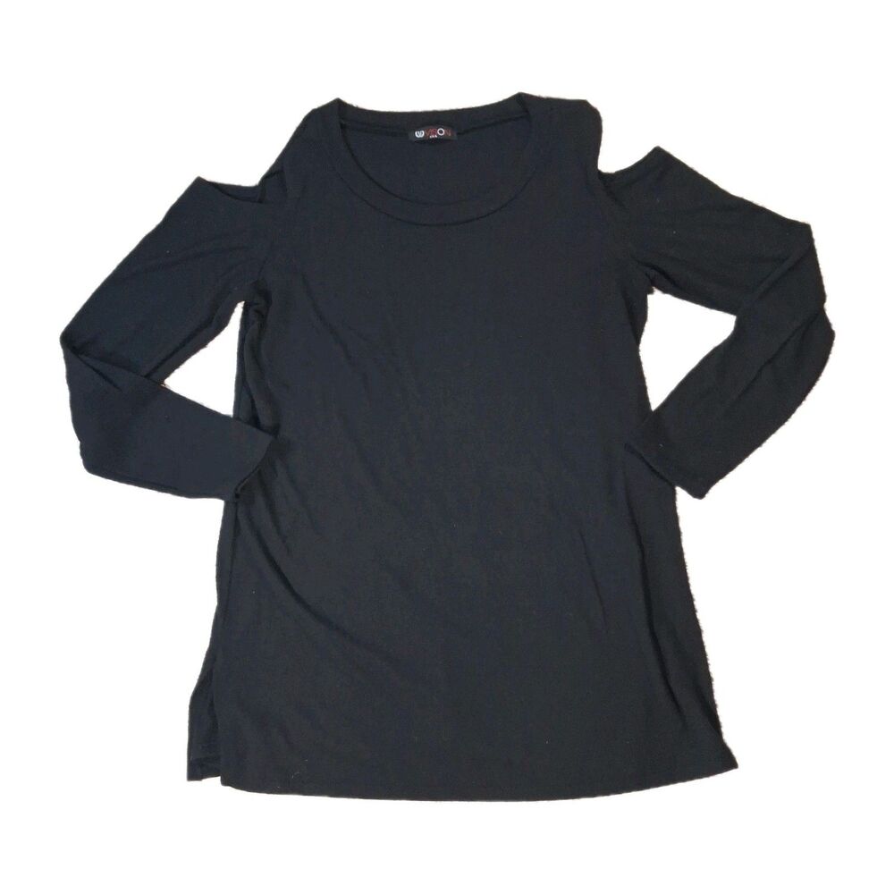 ​VISION USA Black Cold Shoulder Top Small S Long Sleeve Tunic Knit Blouse 13082
